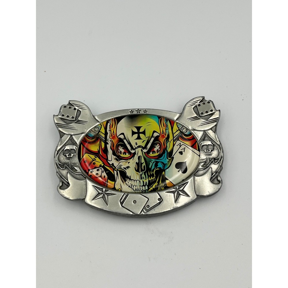 D.Vicente Skull Dice Ace Belt Buckle Colorful Tattoo Iron Cross Biker