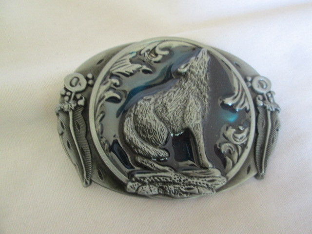 Howling Wolf & Feathers Buckle Blue Acrylic Backing Brushed Antique Silver Tone