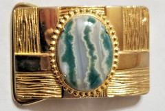 VTG Western Belt Buckle Gold Tone w/ Polished Banded Agate Stone 1.5&Prime; Belt