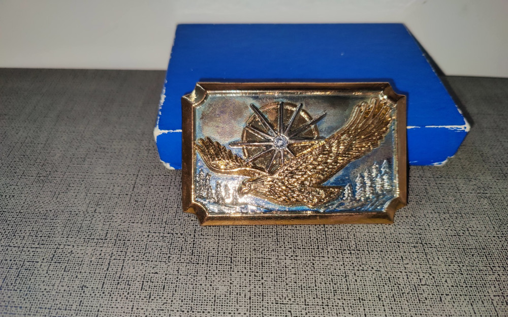 Vintage Soaring American Eagle Over Sunrise Belt Buckle With Diamond Rhinestone