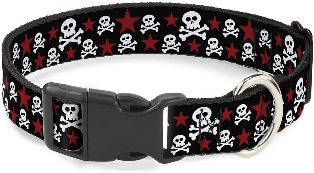 18-32&Prime; Skulls & Stars Black/White/Red Plastic Clip Collar, Wide Large