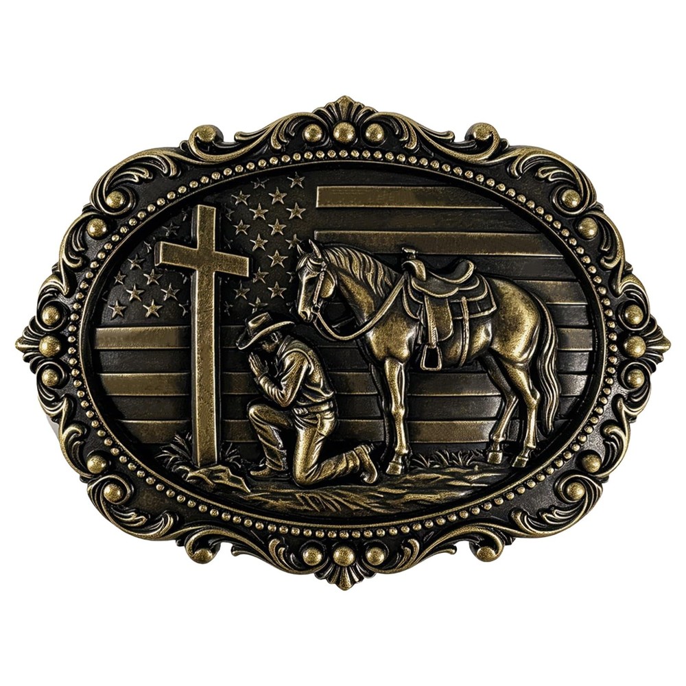 GRAERRY Western Belt Buckle Kneeling Praying Medium, 018 Christian Bronze