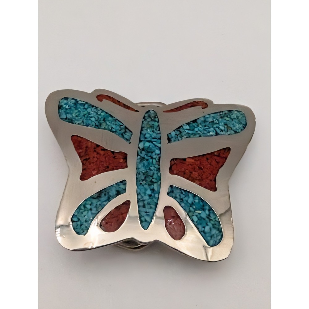 Unisex Belt Buckle OS Butterfly Turquoise Coral Chip Inlay