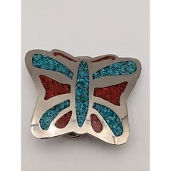 Unisex Belt Buckle OS Butterfly Turquoise Coral Chip Inlay