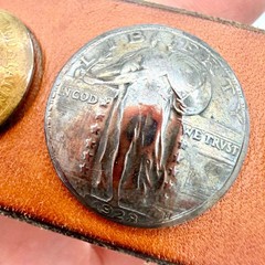 Mens Vintage Western Belt 29-34 Leather Brown Painted Coin Concho