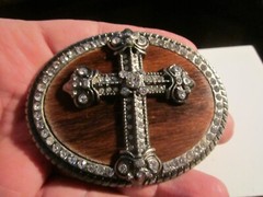 RELIGIOUS CROSS WITH CRYSTALS WOOD BASE THEME BELT BUCKLE HEAVY – GW-17