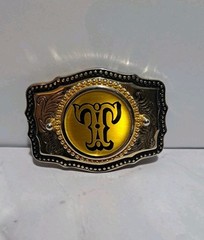 Western Metal Belt Buckle Gold Tone Initial Letter T Cowboy Rodeo Made In USA