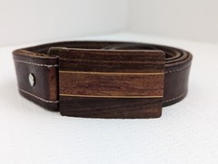 VTG Ampersand Brass Mixed Wood Belt Buckle Kalamazoo Michigan 1.5&Prime; Leather Strap