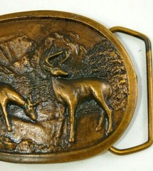 Deer Mountains high relief brass belt buckle oval 3 inch E97 Indiana Metal Craft