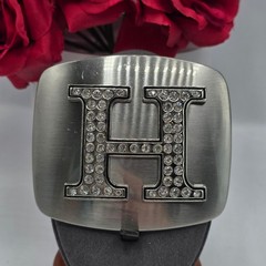 Silver Tone Letter H Rhinestone Initial Belt Buckle Brushed Metal Rectangle