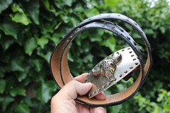 Silver Toned Metal Bull Steer Cow Head Face Belt Buckle & Leather Belt