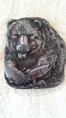 Bergamot Brass Works Pewter Finish Bear Fishing for Salmon Belt Buckle Vtg 1973