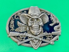 Cowboy Skull Bandana W/ Crossed Rifle Snakes Blue Background Western Belt Buckle