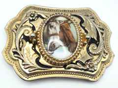 Vintage Two Horse Head Cameo Belt Buckle Equestrian Racing