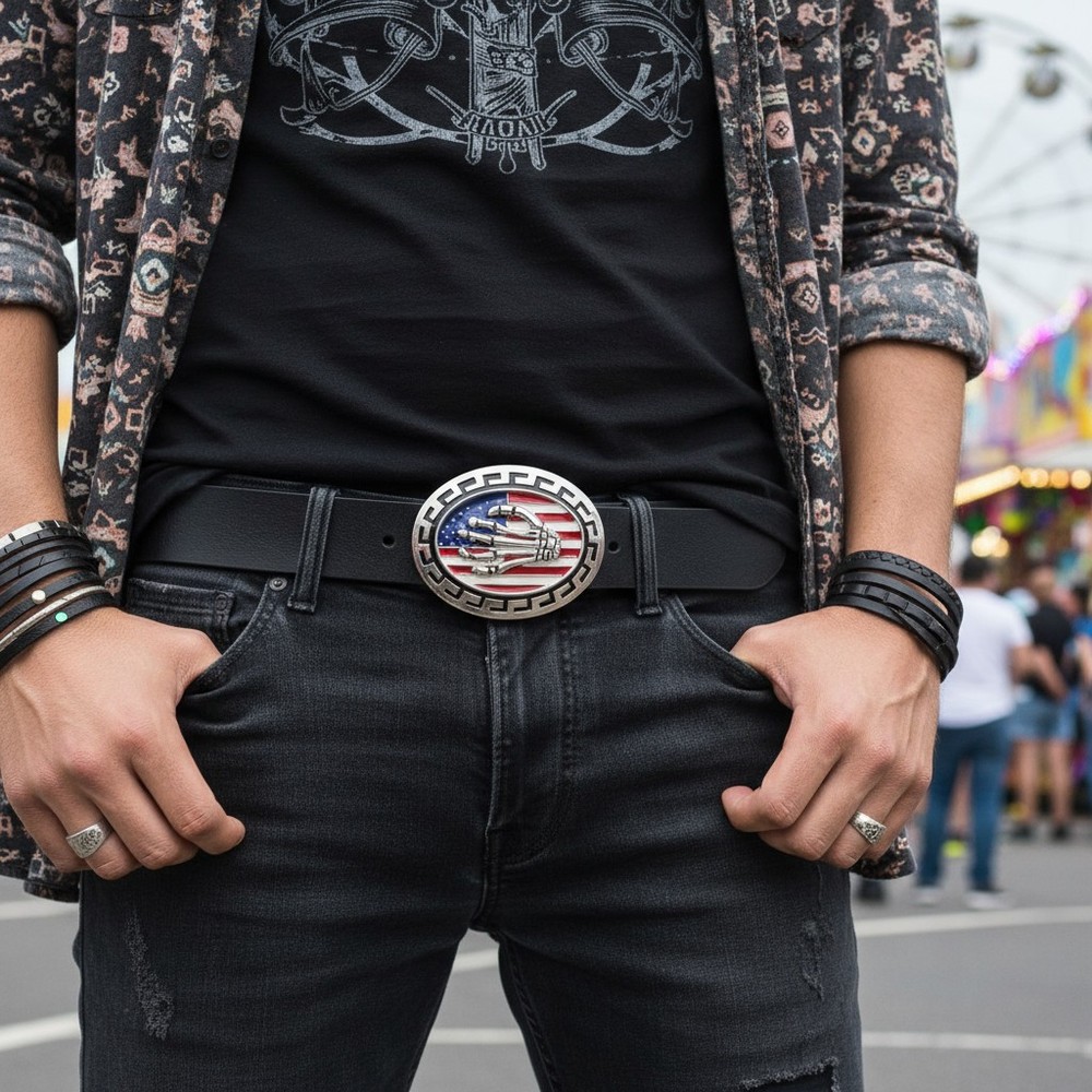Men Women Silver Metal Belt Buckle Skull Skeleton Fingers Bones Oval USA Flag