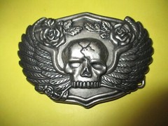 Pewter Belt Buckle – Skull w/ Wings & Roses- Biker Buckle for 1.5&Prime; Belt NEW