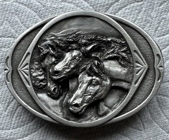 Vintage 1983 Bergamot Brass Works Three Horses Belt Buckle Country K-146