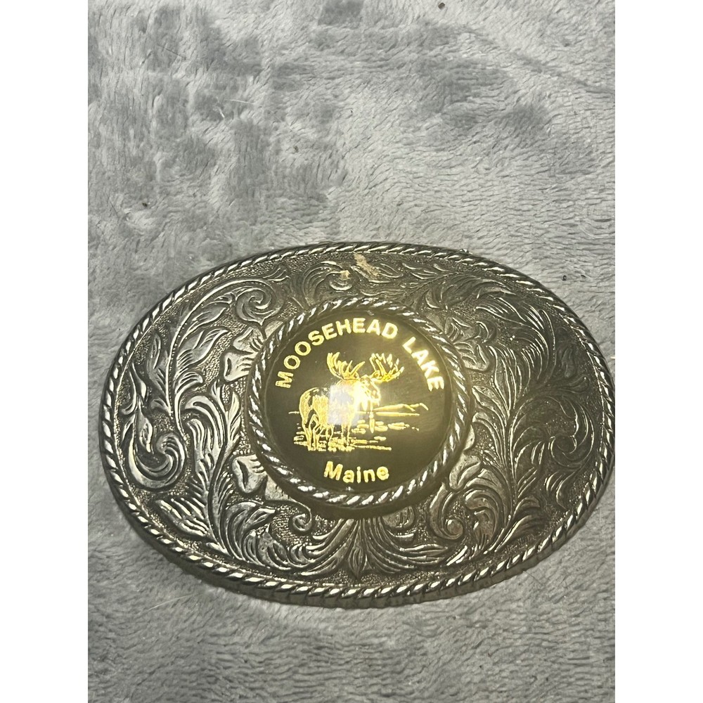 Vintage Moosehead Lake Maine Belt Buckle Silver Tone Moose Souvenir Retro