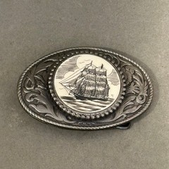 Vintage Admiral Scrimshaw Ship Belt Buckle Silver Tone Nautical Tall Ship Oval