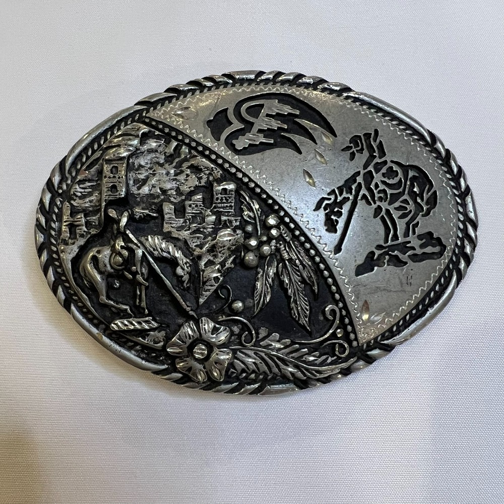 Vintage SSI Metal Handcrafted Belt Buckle Horses And Indian Nature Wildlife USA
