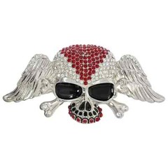 Large Silver Red Rhinestones Chrome Skull and Bones Belt Buckle