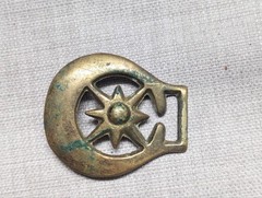vintage BRASS belt buckle CRECENT moon horse WESTERN antique military BRUTALIST