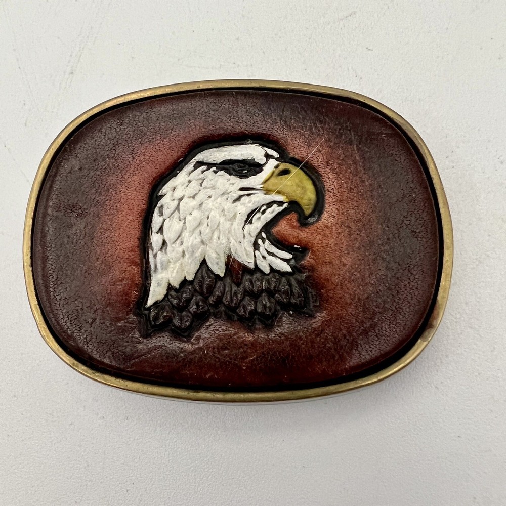 Vintage Tooled Leather Eagle and Brass Belt Buckle Baron Buckles 1983