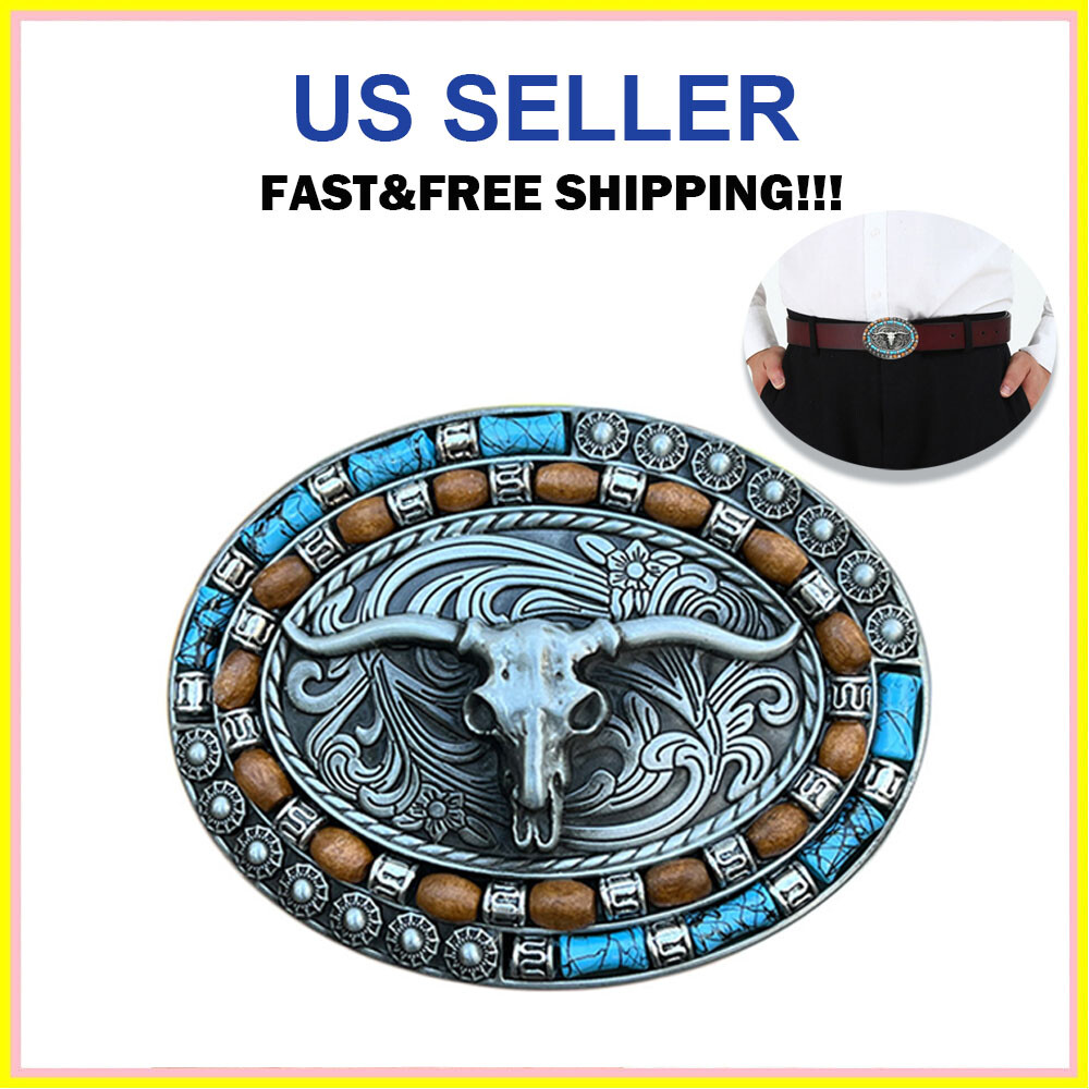 Silver Western Cowboy Belt Buckle Unisex Turquoise Cow Skull Belt Buckle NEW
