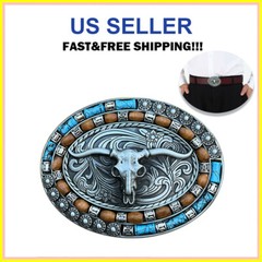 Silver Western Cowboy Belt Buckle Unisex Turquoise Cow Skull Belt Buckle NEW