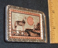 2 1/2&Prime; DRESS SIZE BELT BUCKLE W/COPPER & SILVER-PLATE WOLF HOWLING AT MOON SCENE