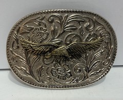 Vintage Western Eagle Belt Buckle 3D Silver Gold Tone Two Tone Floral 3.5&Prime; HK