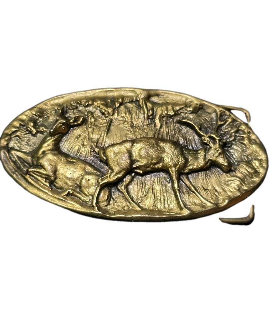 Vintage 1970&rsquo;s Adezy Doe & Buck Forest Scene Bronze Belt Buckle Copyright Adezy