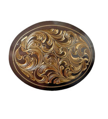 Western Belt Buckle 4.25 x 3.25 in Handcrafted Oval Engraved Brown Gold 2.25