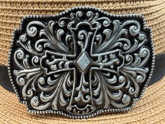 Antiqued Silver Cross Floral Belt Buckle