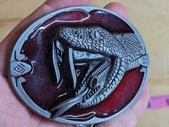 Vintage Snake Cobra Head Belt Buckle Red Enamel Pewter Tone 3D Viper Fangs Large