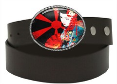 Geisha Girl Belt Buckle – Japanese Oriental Art Handmade Oval Buckle – 272-3