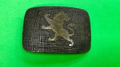 Heraldic Rampant Lion Grid Pattern Brass Tone Belt Buckle, Made in Italy