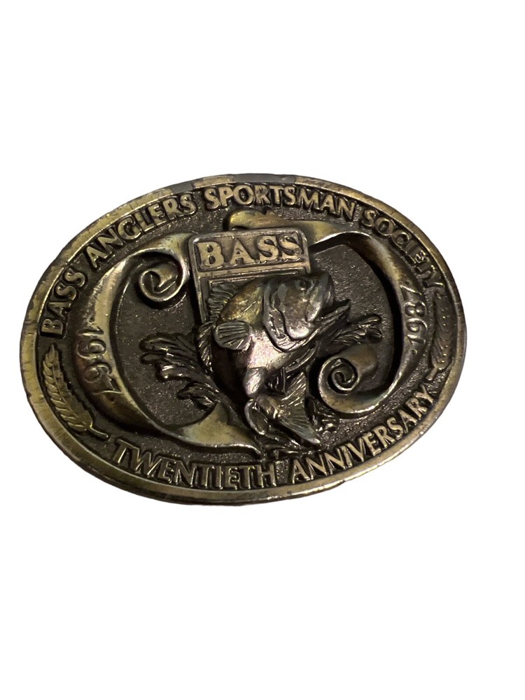 1967-87 BASS ANGLERS SPORTSMAN SOCIETY 20 YEAR FISHING 3D LOOK BRASS BELT BUCKLE