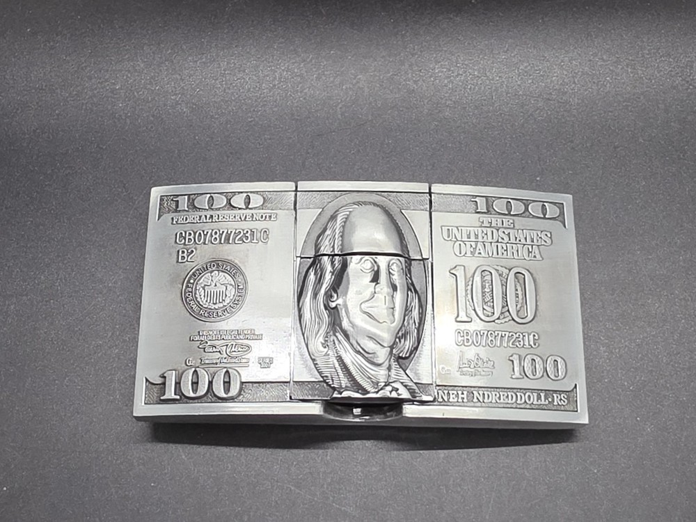 $100 Bill Benjamin Franklin Belt Buckle Combo With Hidden Flip Top Lighter New