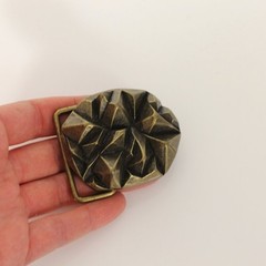 Geometric Pyramid Engraved Belt Buckle in Antique Bronze, Vintage Interchangeable Buckle