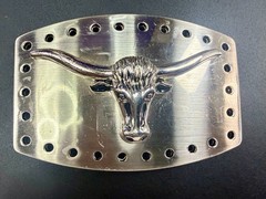 Texas Longhorn Cow Bull Head Steer Hole Border Silver Color Western Belt Buckle