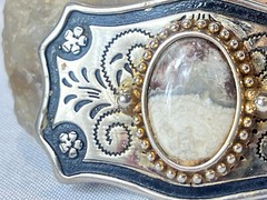 Vtg Western Style Belt Buckle Silvertone And Polished Cabochon Stone USA