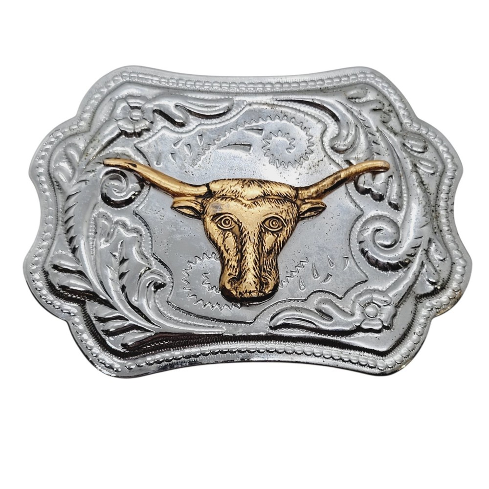 Silvertone Metal Belt Buckle Brass Longhorn Steer Head 1960s Western Cowboy