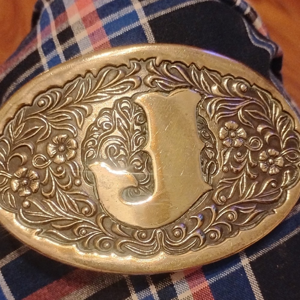 Men&rsquo;s Gold Tone Western Oval Floral Belt Buckle Initial J Fits 1.5 in Belt