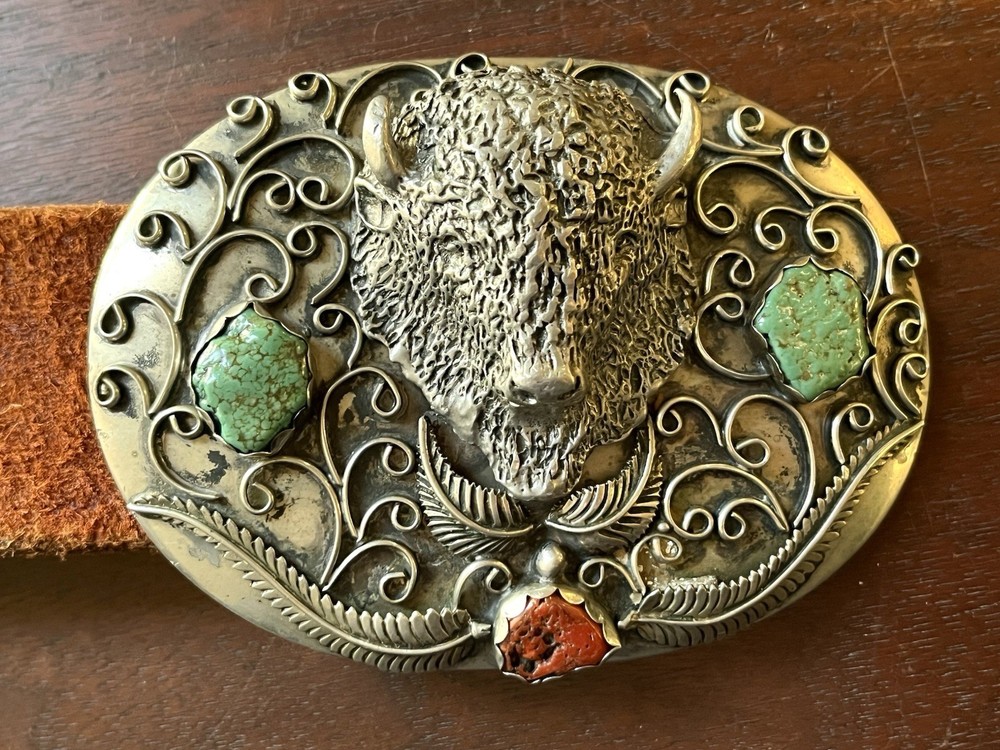 Vintage Sterling Signed Gomez Belt Buckle – Buffalo Turquoise/Coral
