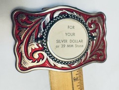 Rectangle Belt Buckle For USA Silver Dollar Coin Screw Back Silver Tone & Red