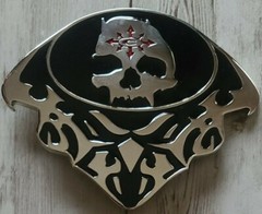 Oker Brand ~ Silver & Black ~ Skull Design Belt Buckle ~ 4.25&Prime; Wide x 3.25&Prime; Tall