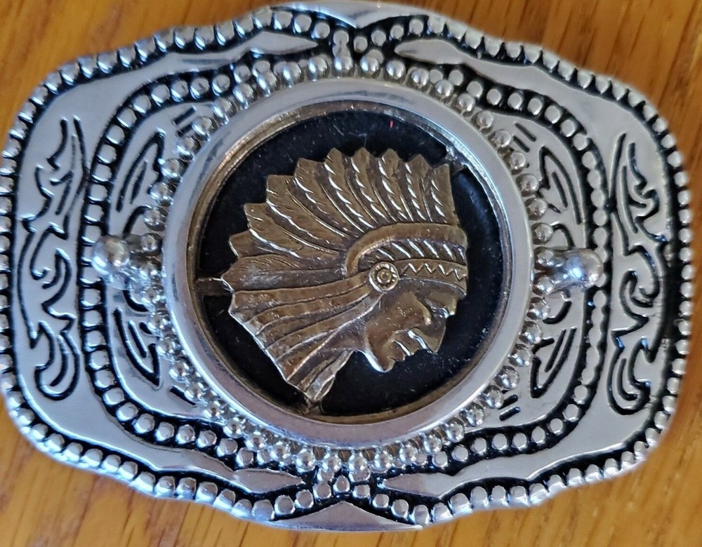 Mens Belt Buckle Silver Color w/ Native American Headdress Inlay 3.5&Prime; x 2.5&Prime;