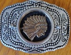 Mens Belt Buckle Silver Color w/ Native American Headdress Inlay 3.5&Prime; x 2.5&Prime;