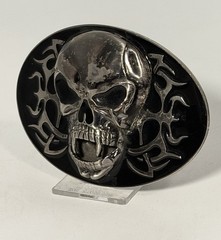 Oval Skull Fangs Pirate Belt Buckle Design Gothic Punk Metal Black Silver Tone